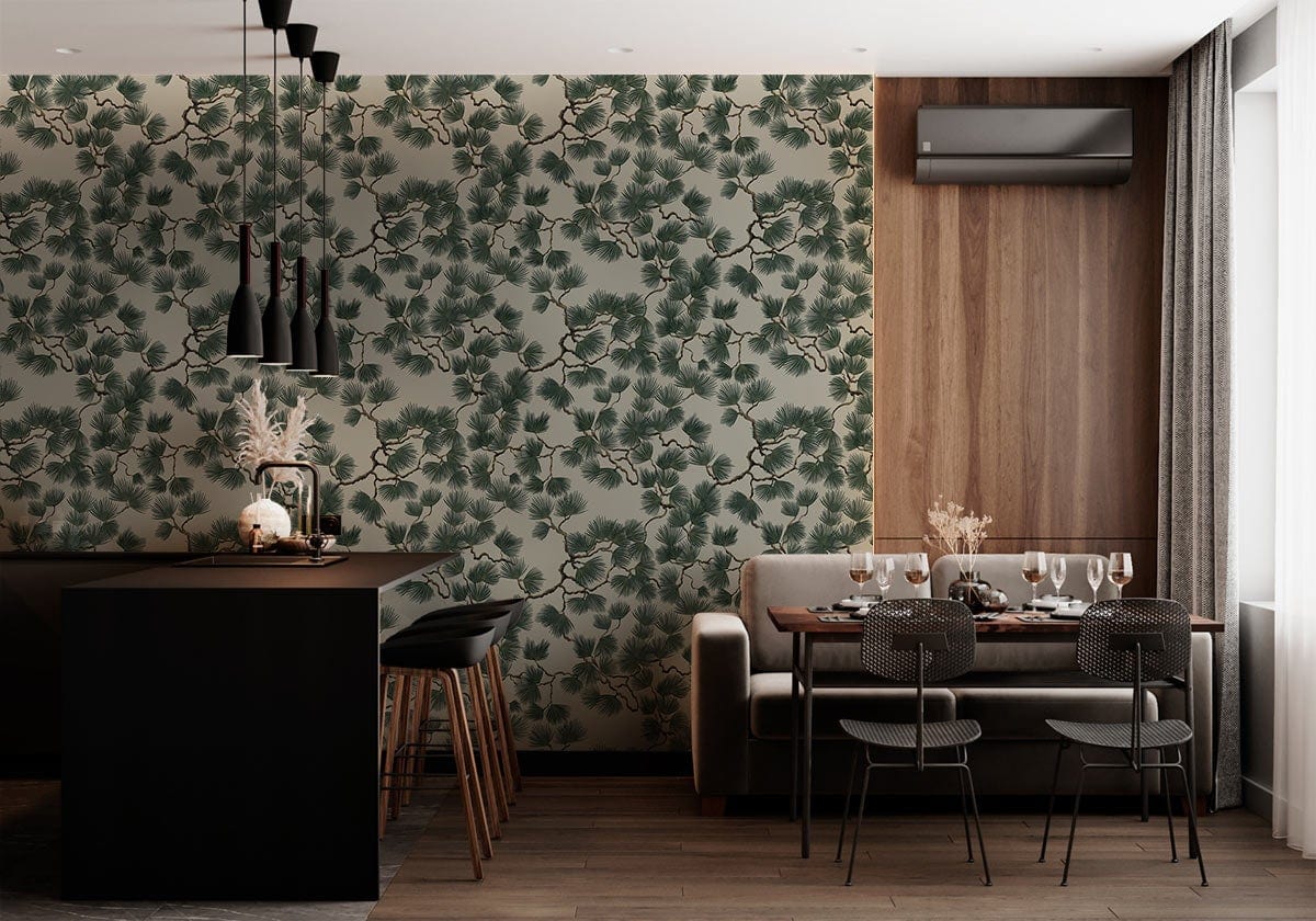 Vintage green botanical wallpaper, modern kitchen, black island, grey sofa, wood flooring, chic dining area.