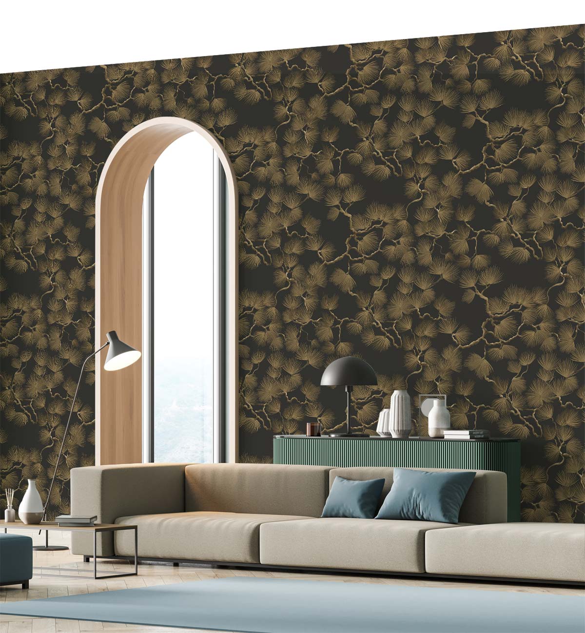 Elegant Earthy Brown Mosaic Wallpaper in living room with modern grey sofa and floor lamp.