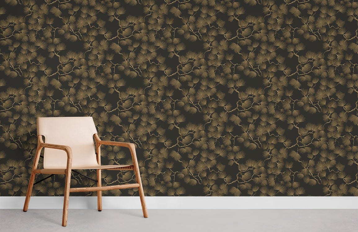 Elegant Earthy Brown Mosaic Pattern Wallpaper with beige armchair on light wood flooring in living room.