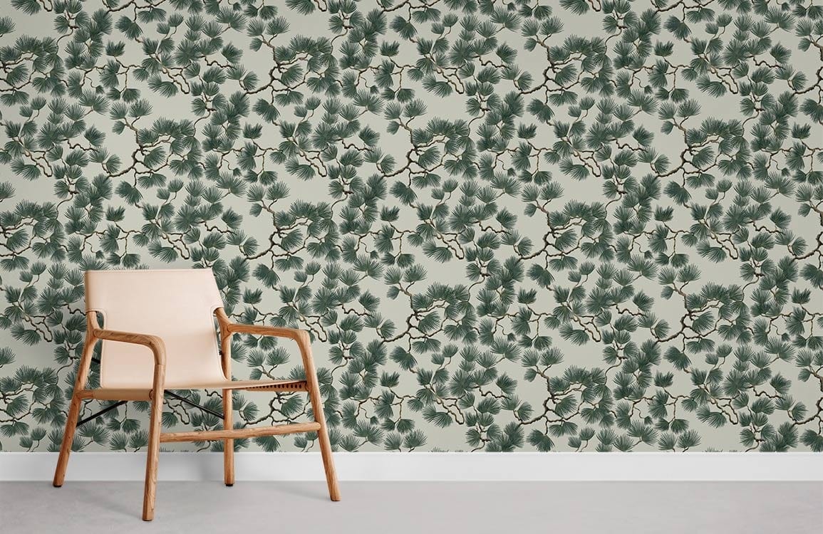 Vintage green botanical wallpaper in room with beige wooden chair and grey flooring, nature-inspired decor.