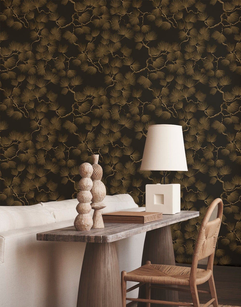 Elegant Earthy Brown Mosaic Wallpaper in cosy room with cream sofa, wooden table, rustic chair.