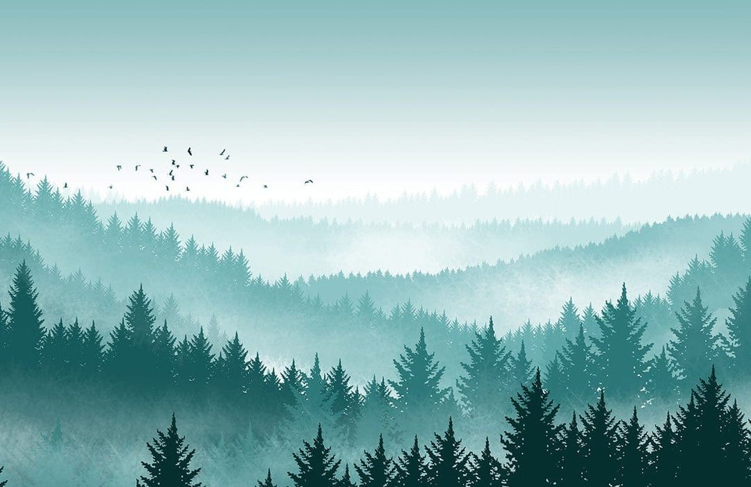 Tranquil Misty Forest Green Mural Wallpaper for Serene Nature Retreats