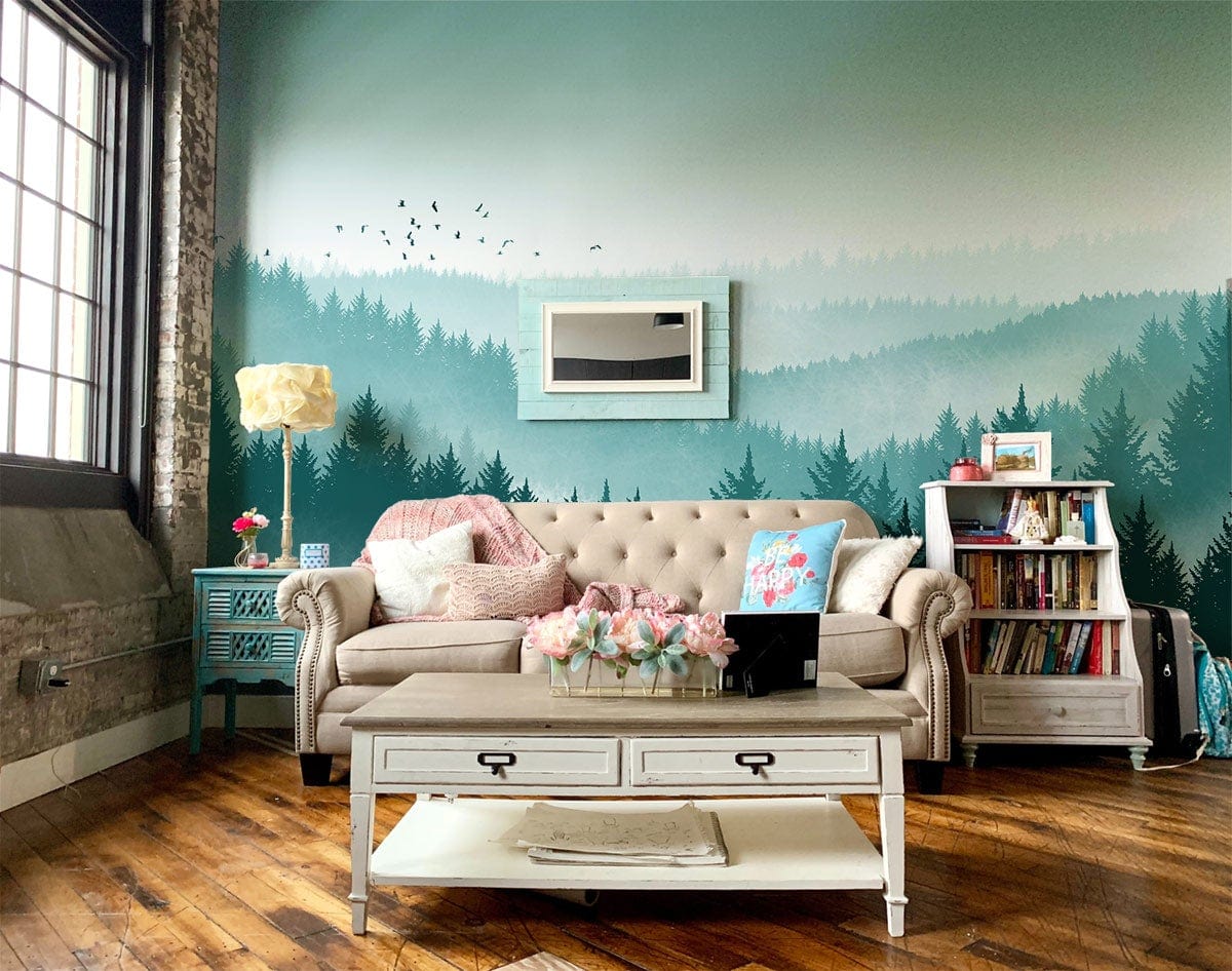 Tranquil Misty Forest Mural Wallpaper in serene living room with beige sofa, rustic wooden flooring.