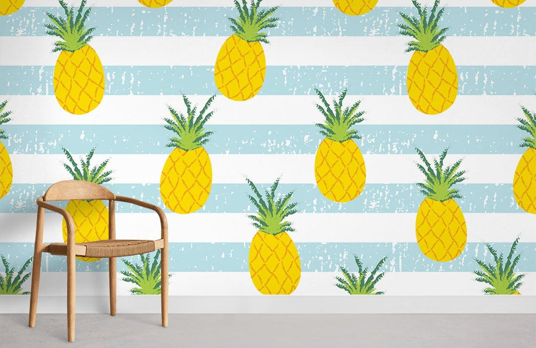 Bright tropical pineapple striped wallpaper with wooden chair, light flooring, perfect for fresh summer decor.