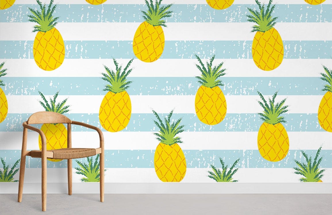 Bright tropical pineapple striped wallpaper with wooden chair, light flooring, perfect for fresh summer decor.