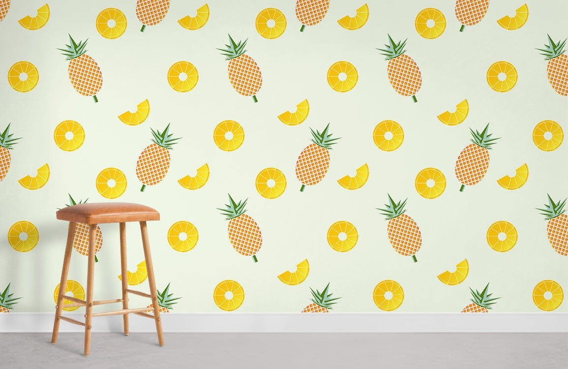Vibrant pineapple wallpaper, refreshing yellow, tropical pattern; wooden stool, grey flooring, dining room.