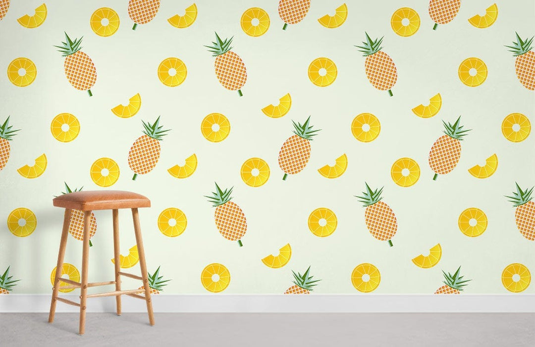 Vibrant pineapple wallpaper, refreshing yellow, tropical pattern; wooden stool, grey flooring, dining room.