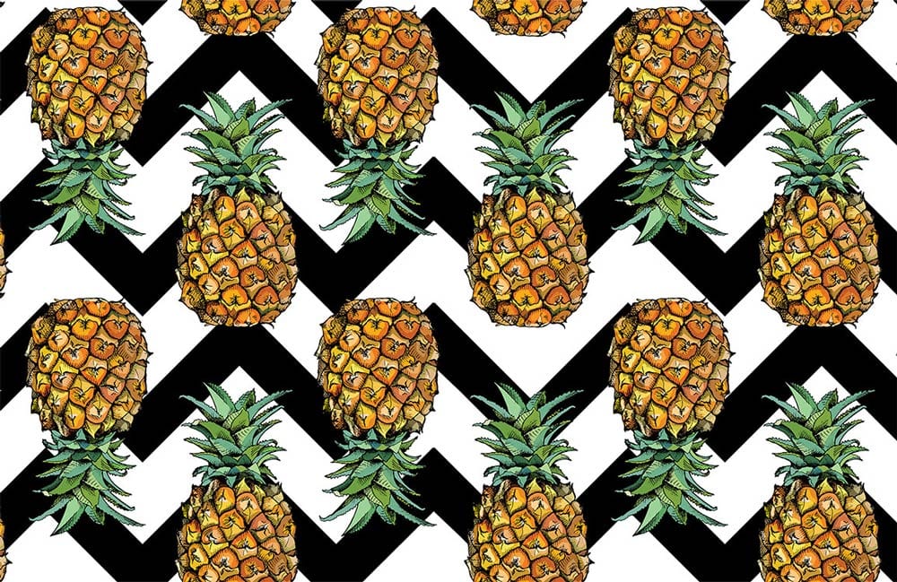 Tropical Pineapple and Zigzag Patterned Wallpaper - Bold Black and Yellow Design