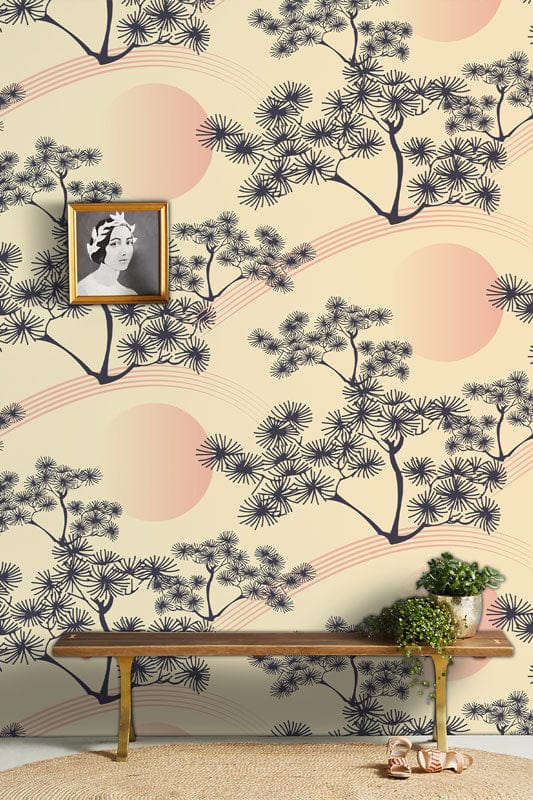Vintage Oriental wallpaper with sunset design, black trees, wood bench, in living room setting.
