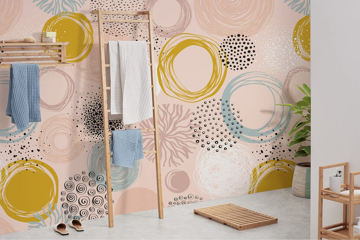 Abstract pastel circles wallpaper with yellow accents, wooden towel rack, modern bathroom decor, light flooring.