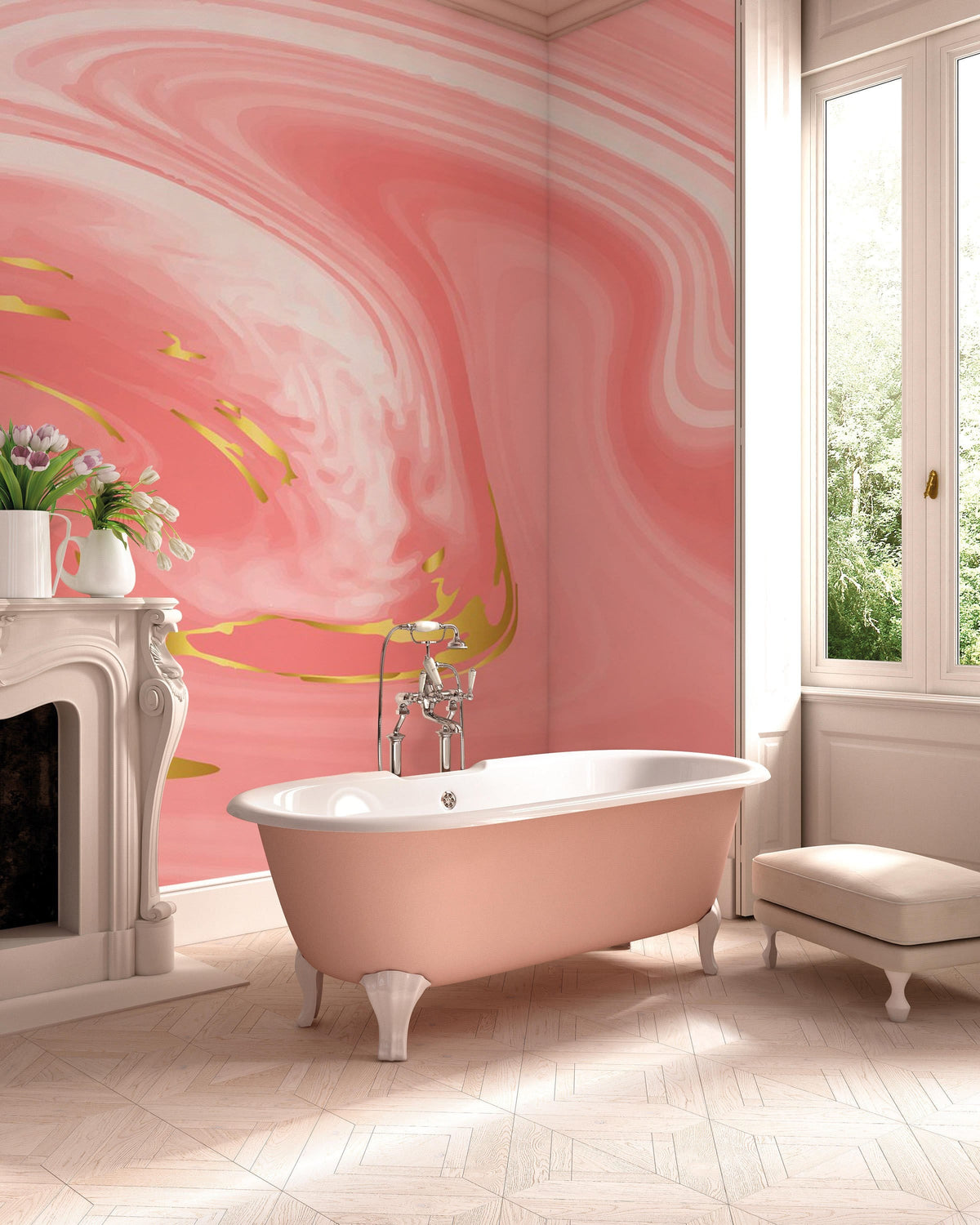 Elegant Marble Swirl Wallpaper in Bathroom with Pink Bathtub, Classic Fireplace, Herringbone Flooring.
