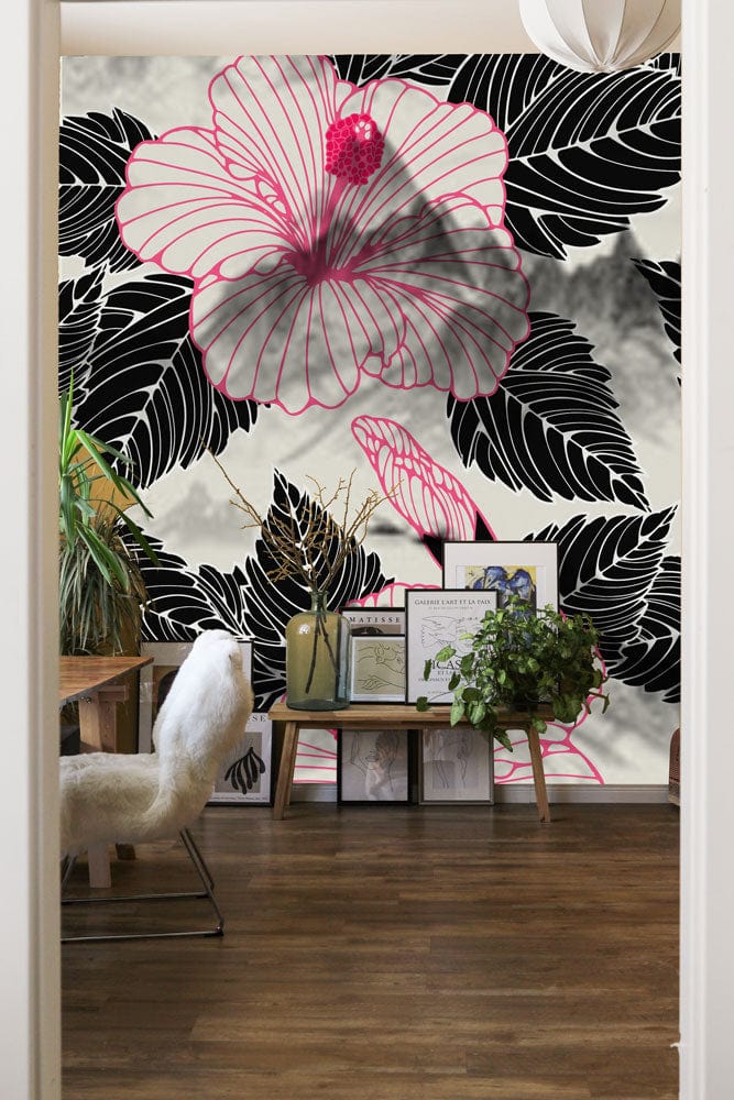 Elegant pink hibiscus wallpaper with bold black leaves, wooden flooring, and modern dining room decor.