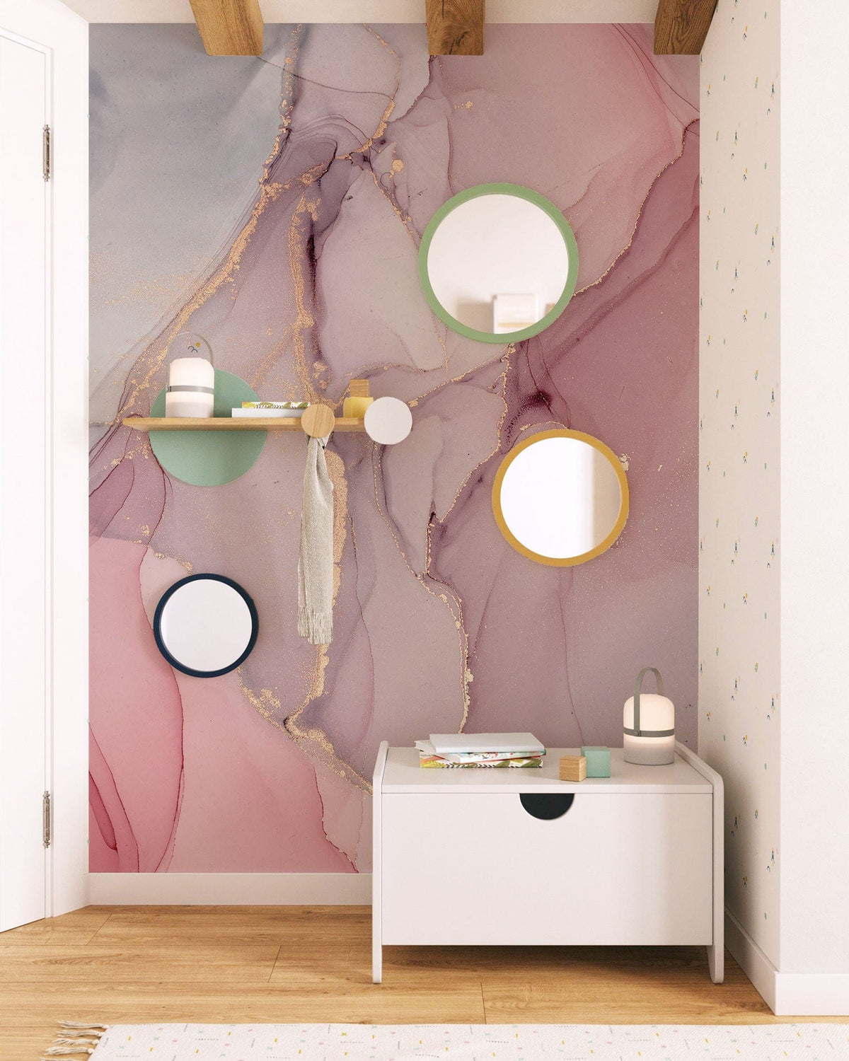 Elegant pink and gold marble mural wallpaper with modern mirrors, wooden floor, and white bench.