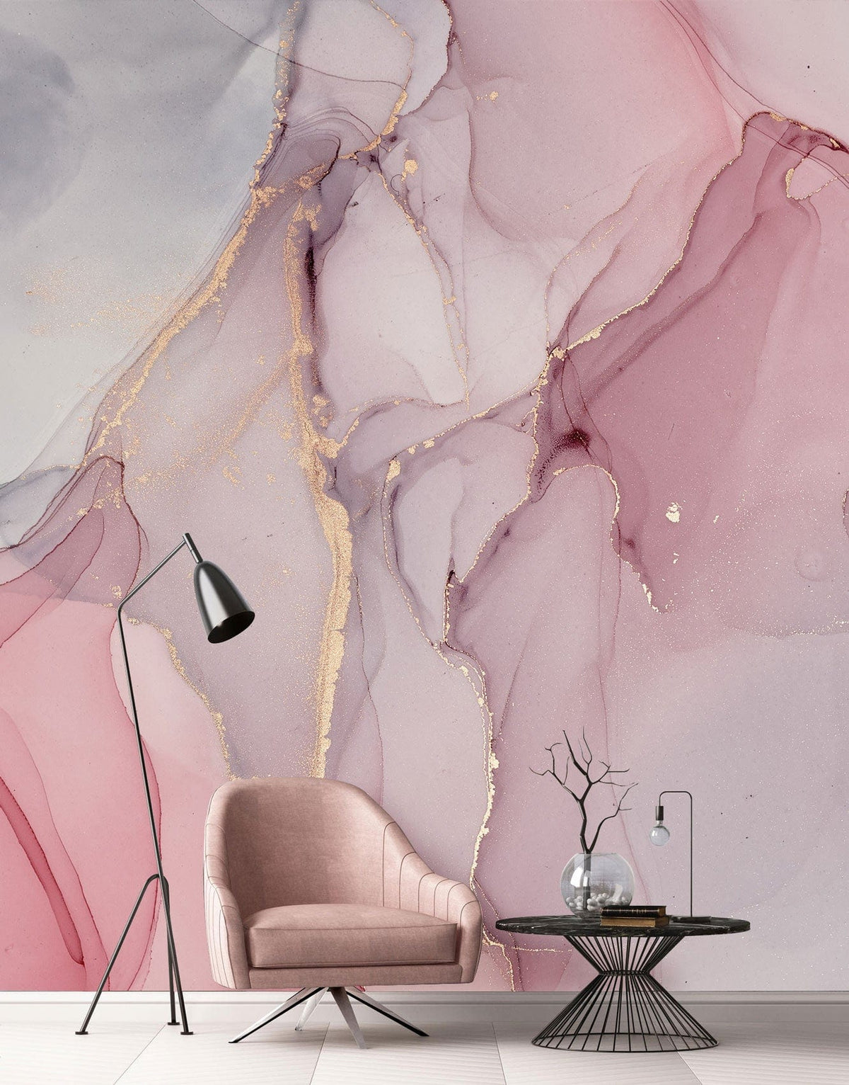 Elegant pink and gold marble effect mural wallpaper with pink armchair and modern floor lamp.