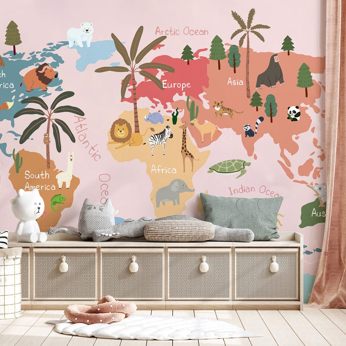 Whimsical pastel world map wallpaper with animals, beige sitting bench, toy decor in kids' room.