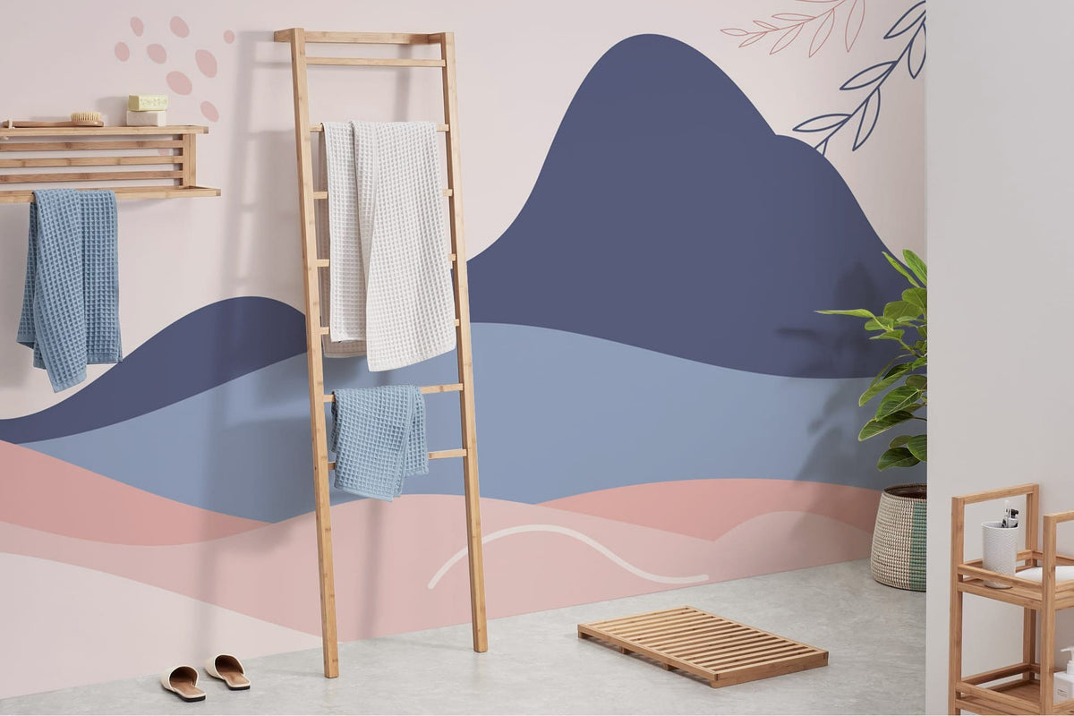 Abstract pastel landscape mural wallpaper, blue pink tones, bamboo ladder, modern bathroom, minimal decor.