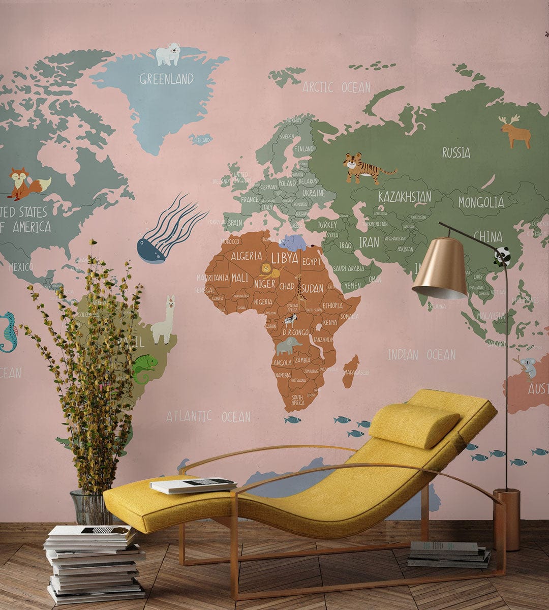 Charming pastel world map mural wallpaper in kids' adventure room with yellow chaise longue, wooden flooring.