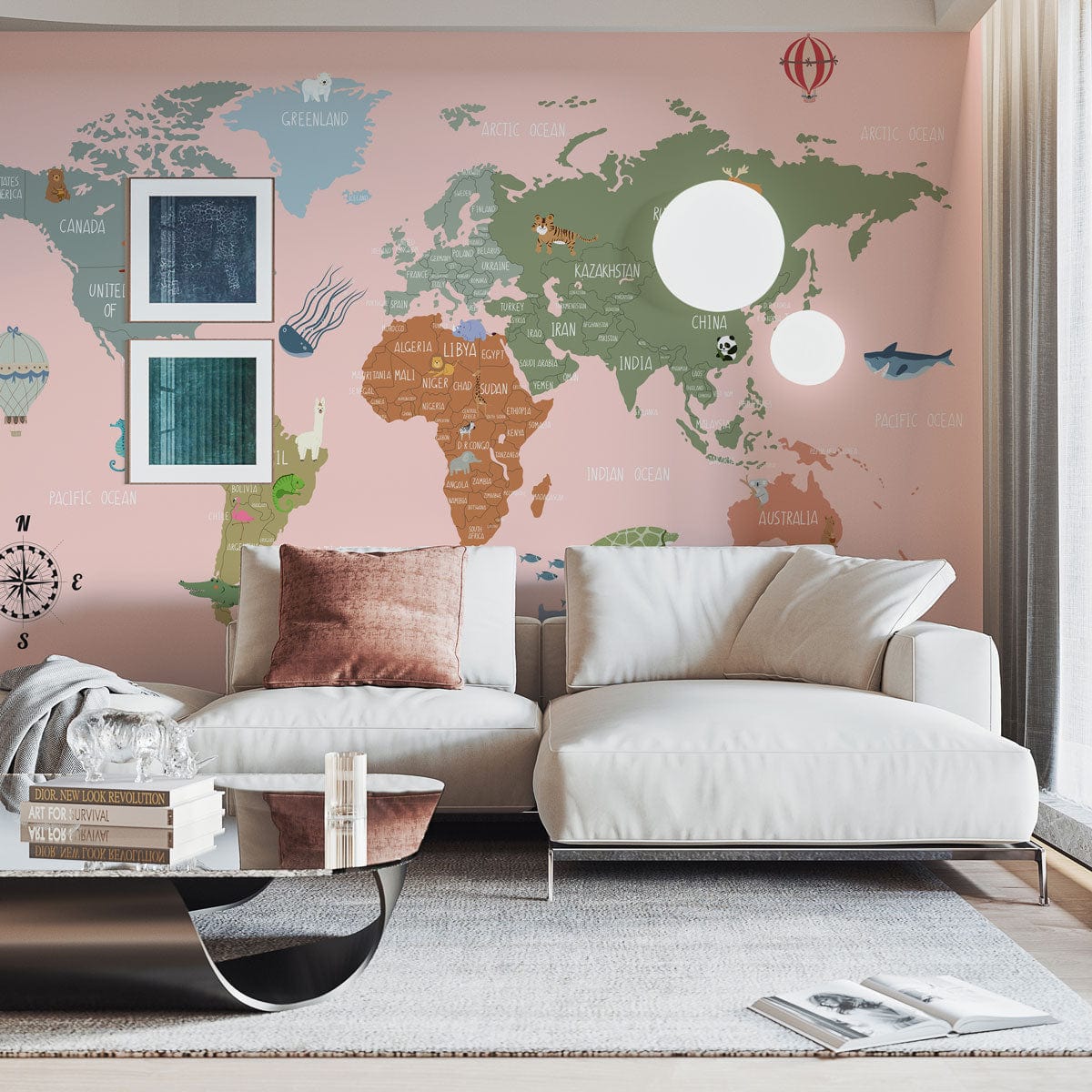 Charming Pastel World Map Mural Wallpaper in kids' room with beige sofas, grey rug, and light wood flooring.