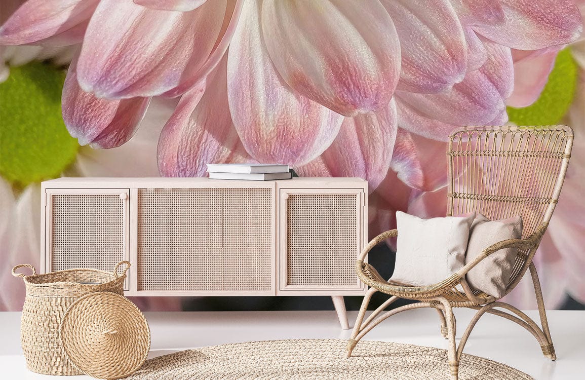 Blush Pink Daisy Floral Mural Wallpaper with Green Centres, rattan chair, woven basket, cream sideboard.