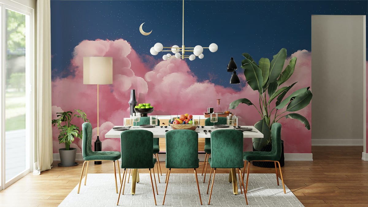 Dreamy Pink Cloudscape Night Sky Mural Wallpaper in dining room with green chairs, hardwood flooring.