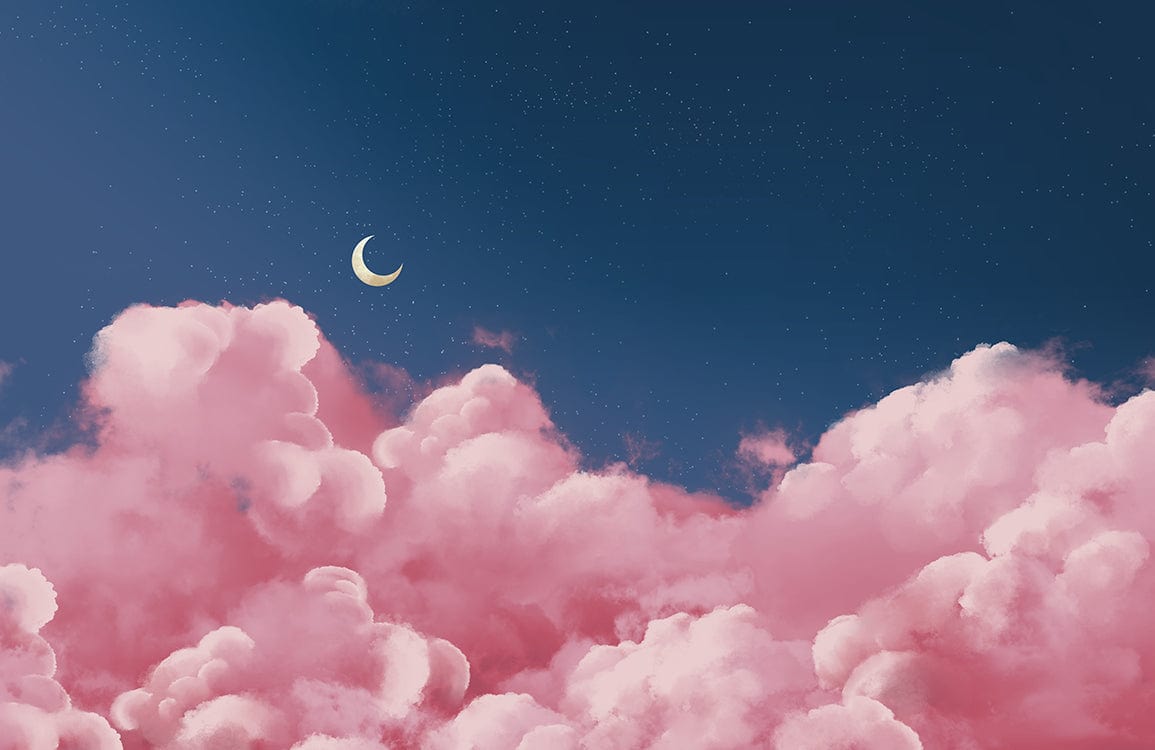 Dreamy Pink Cloudscape Night Sky Mural Wallpaper with Crescent Moon Design