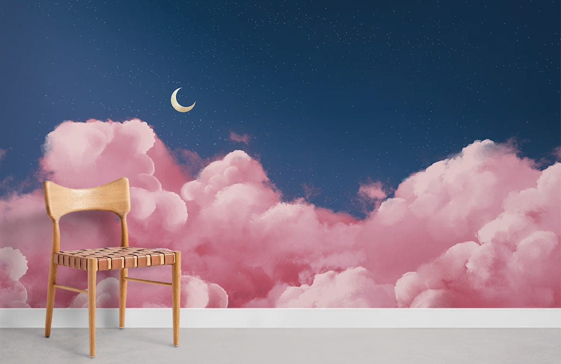 Dreamy pink cloudscape wallpaper with crescent moon, wooden chair, light grey flooring in modern room.