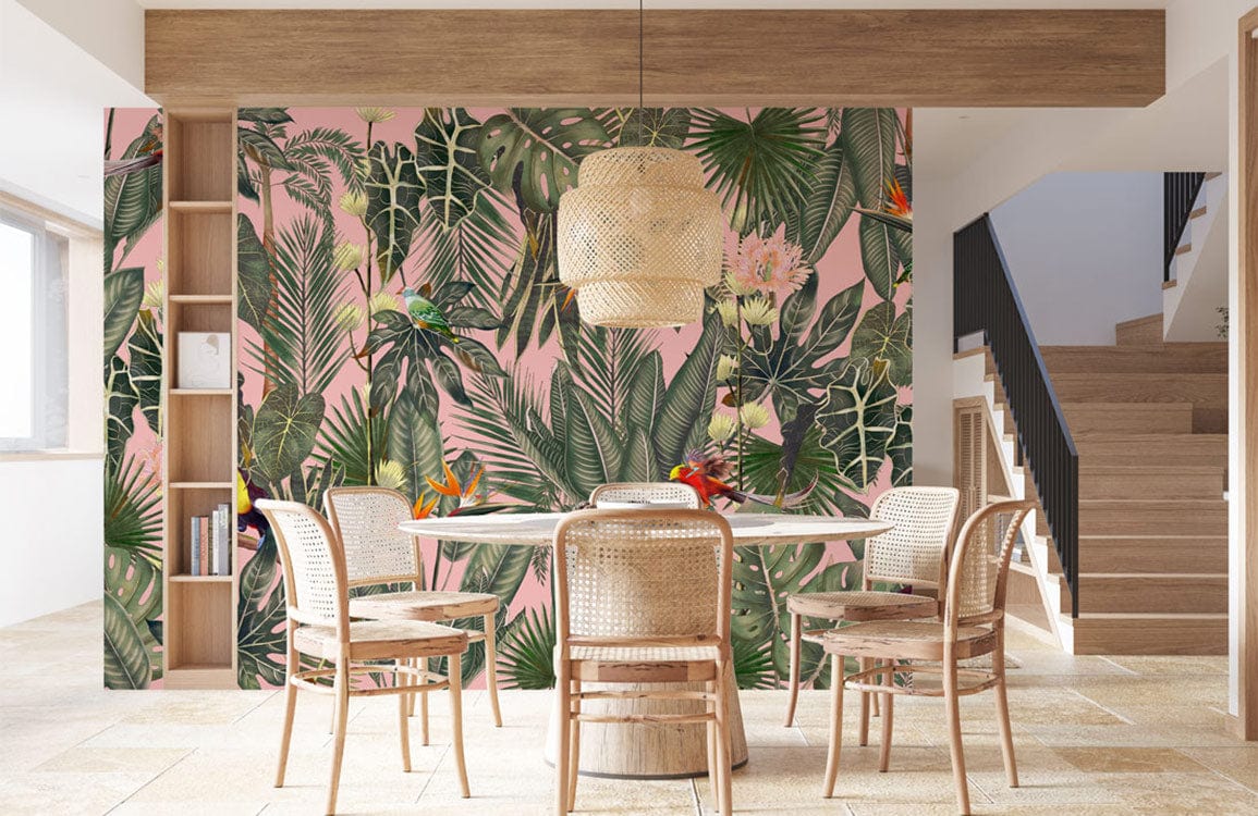 Tropical Paradise Botanical Wallpaper, pink background, natural wicker chairs, wooden dining table, tiled flooring.