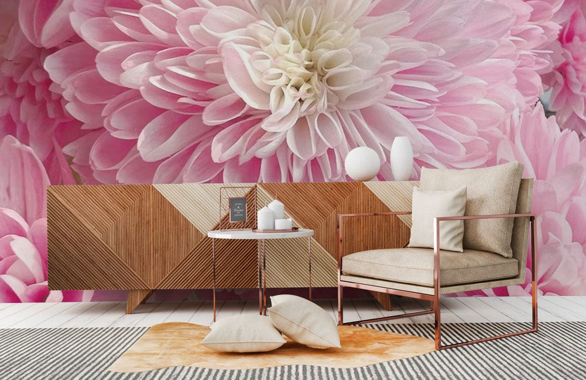 Blush Pink Chrysanthemum Wallpaper Mural in living room with modern armchair, wooden sideboard, and rug.