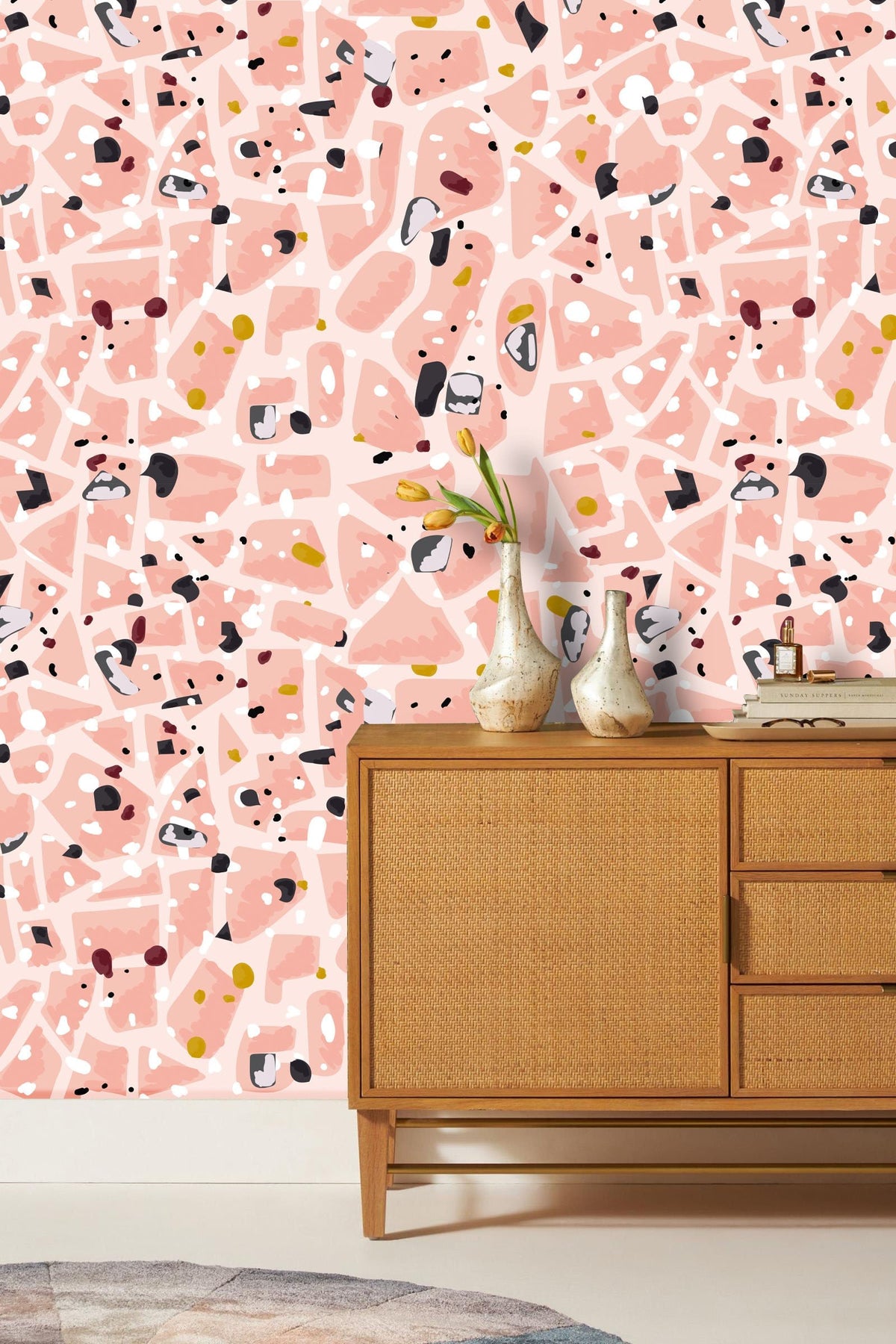 Abstract pastel pink geometric wallpaper, wooden sideboard, light flooring, modern minimalist room Décor.