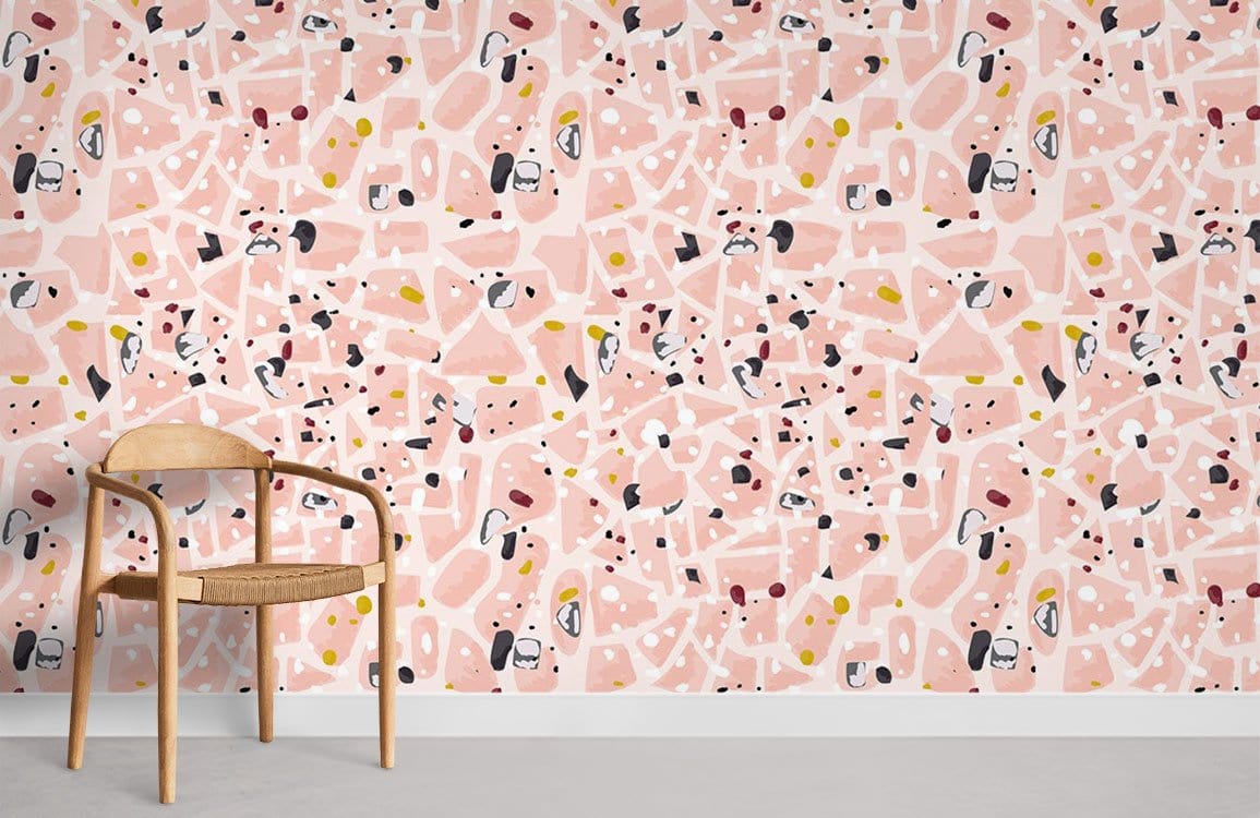 Abstract pastel pink geometric wallpaper decor with wooden chair, modern style, light grey flooring.