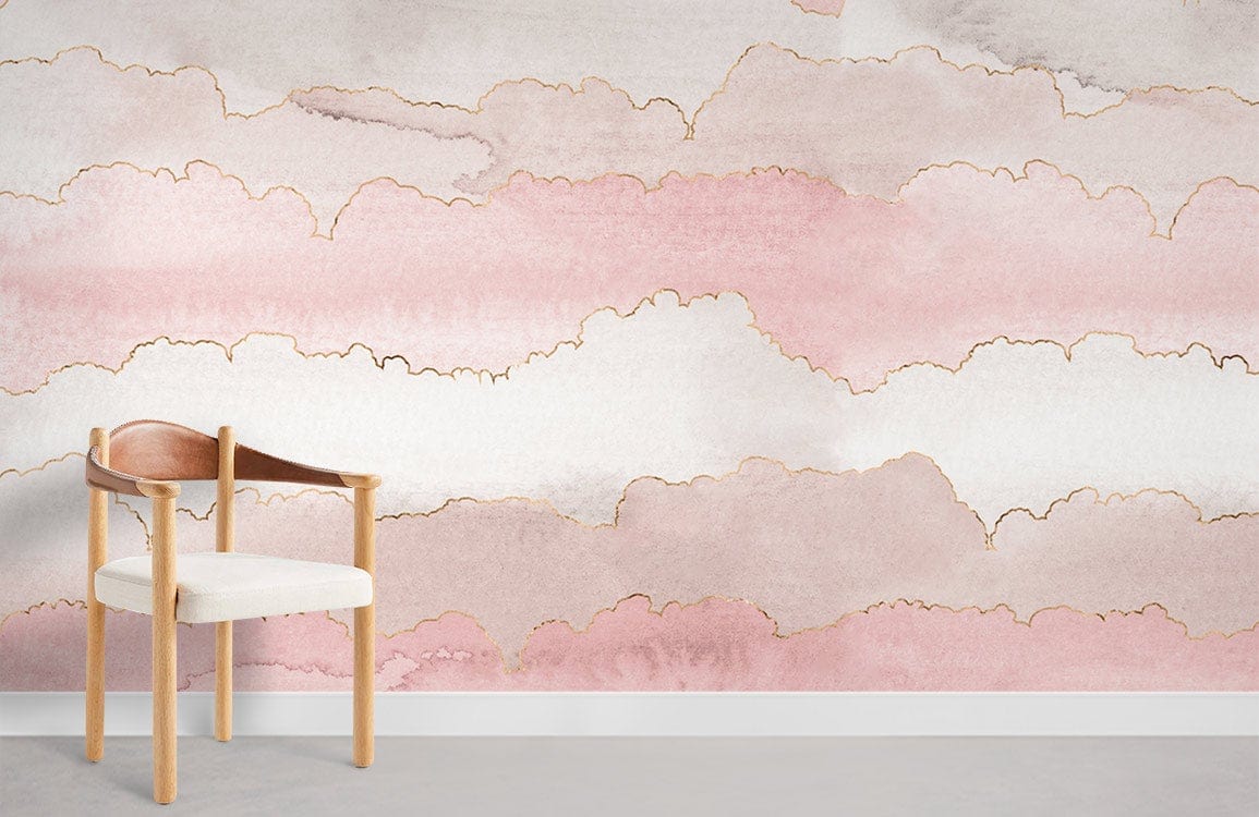 Elegant blush pink watercolour wallpaper, minimalist chair, light grey floor, modern interior Décor setting.