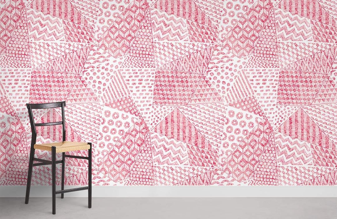 Vintage red geometric wallpaper in modern room with black chair on stone floor.