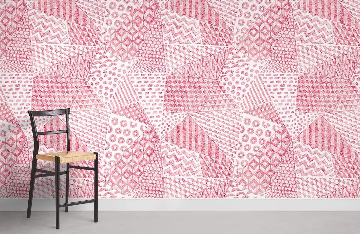 Vintage red geometric wallpaper in modern room with black chair on stone floor.