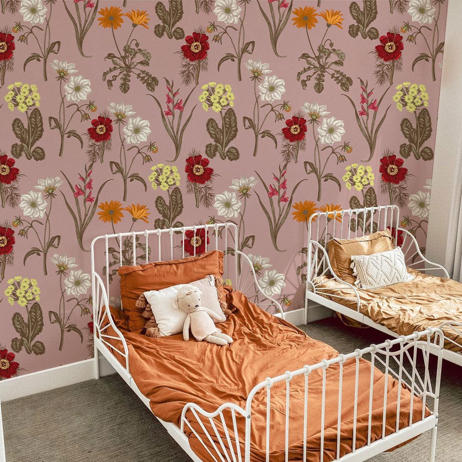 Vintage floral wallpaper with warm red tones in children's bedroom, white beds, grey carpet flooring.
