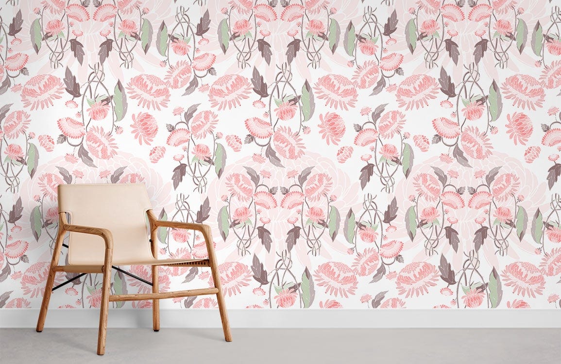 Elegant vintage floral wallpaper with soft pink, green tones; wooden chair, neutral flooring in room.