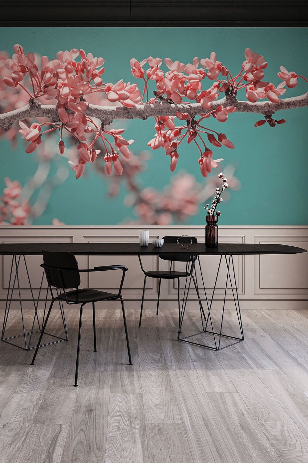 Tranquil Teal and Blossom Pink mural wallpaper in elegant dining room with modern black furniture.