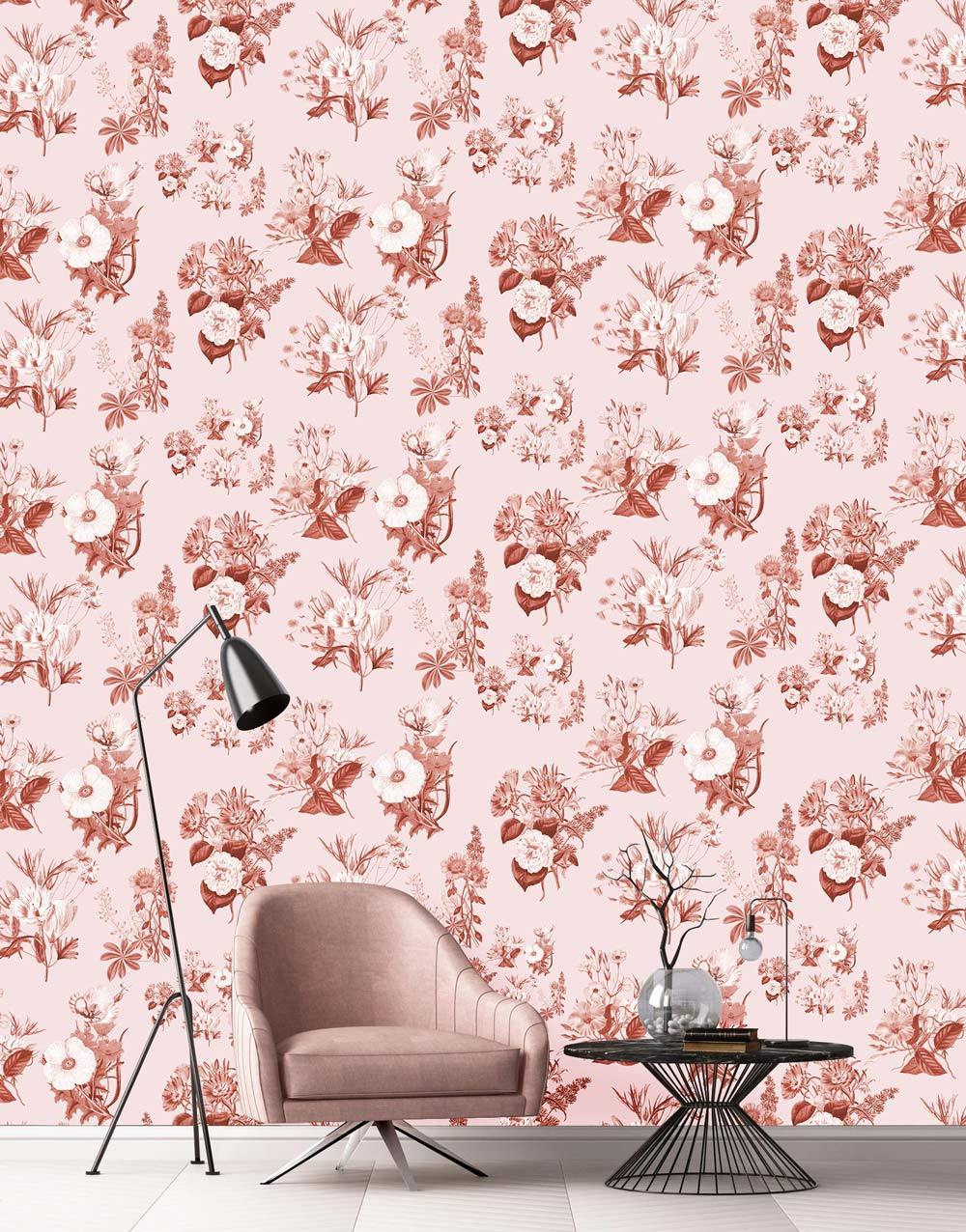 Vintage botanical wallpaper in rose pink; elegant armchair, modern lamp, and minimalist table in room.