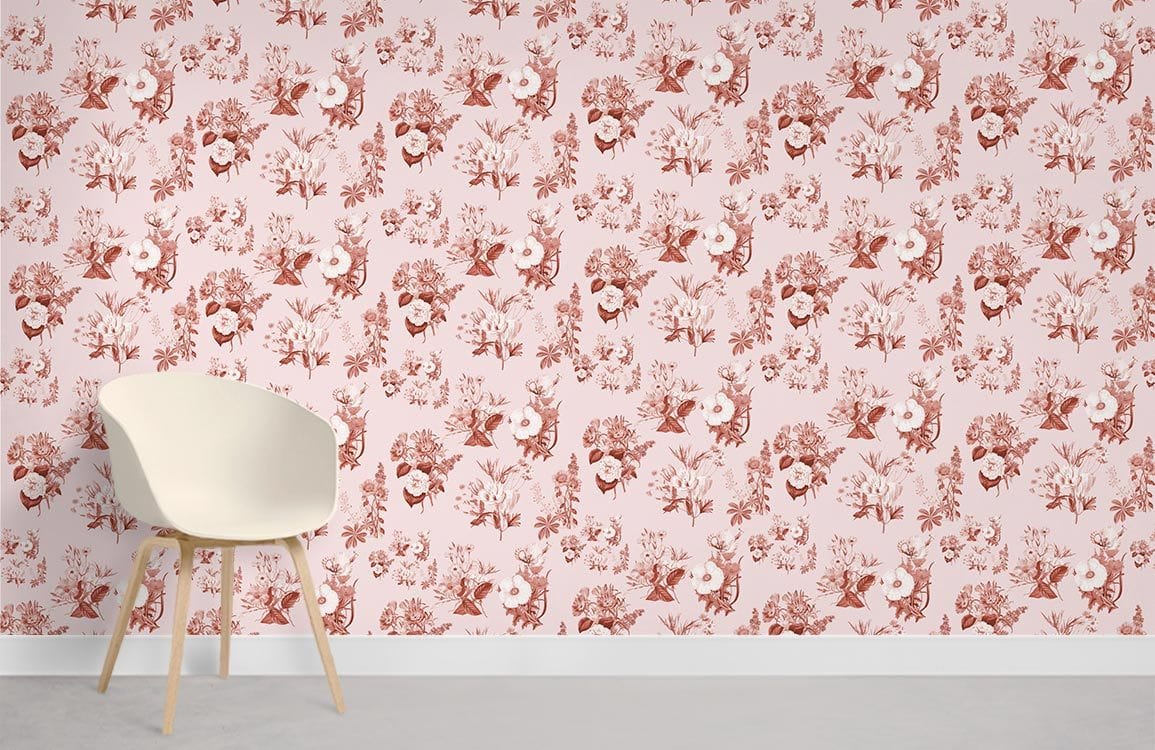 Vintage botanical wallpaper in rose pink, cream chair, grey floor, modern minimalist decor, elegant design.