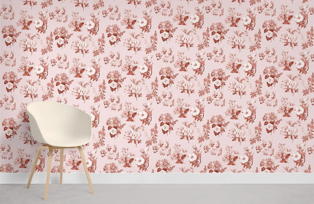 Vintage botanical wallpaper in rose pink, cream chair, grey floor, modern minimalist decor, elegant design.