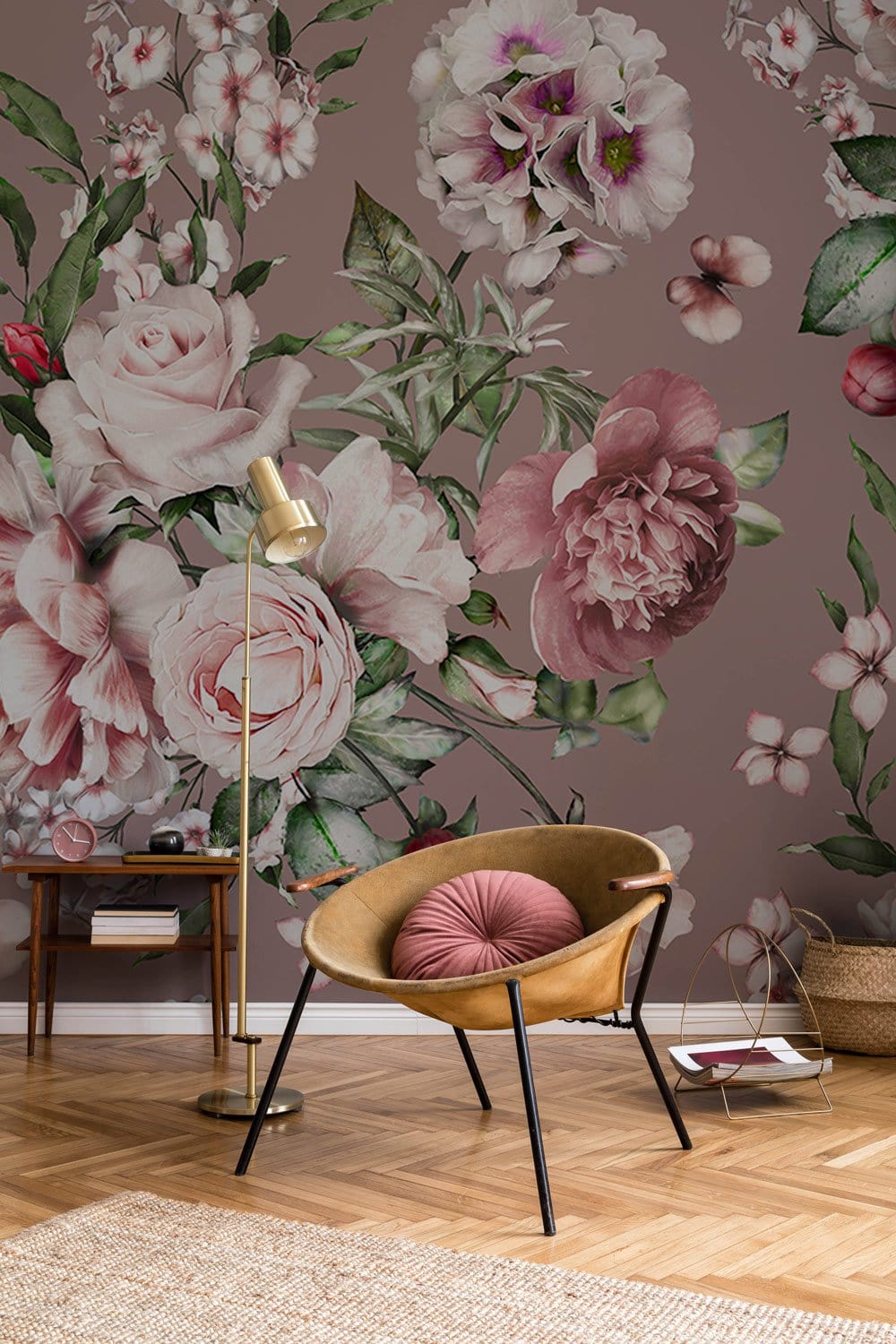 Vintage Floral Elegance wallpaper with soft pink and green tones, mid-century chair, wooden flooring.