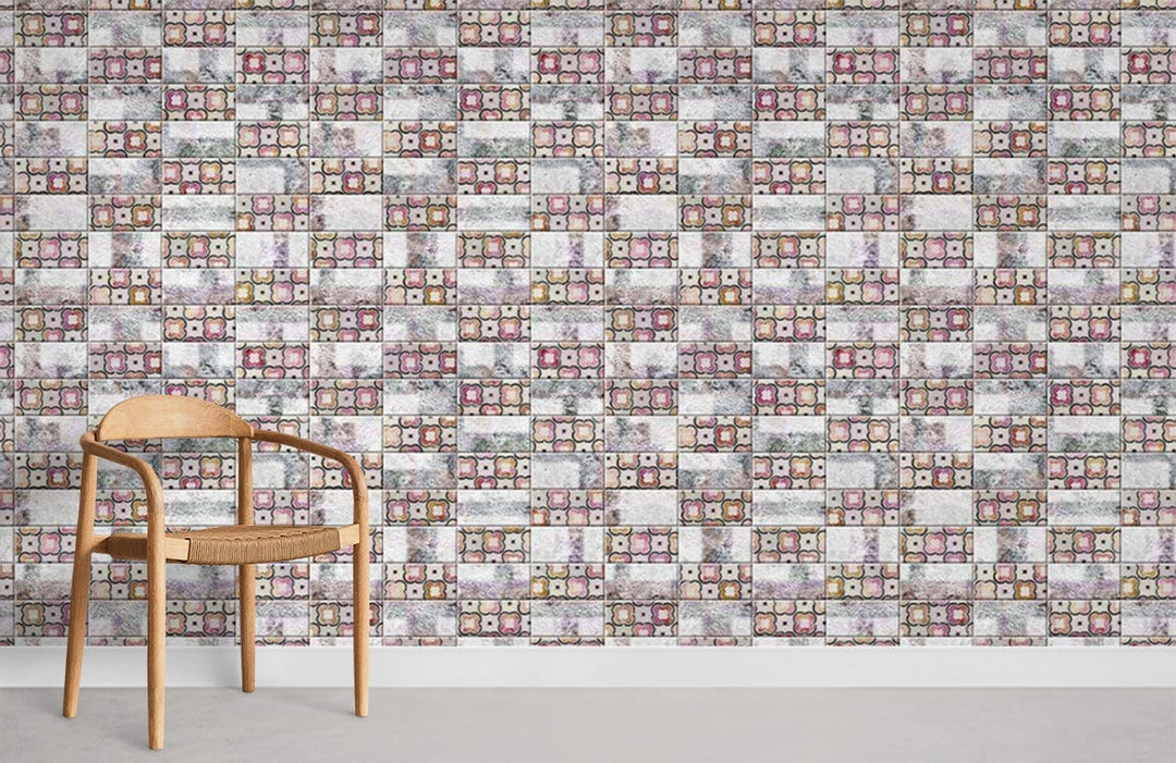 Vintage patchwork wallpaper with muted geometric design, wooden chair, minimalist grey flooring, modern room.