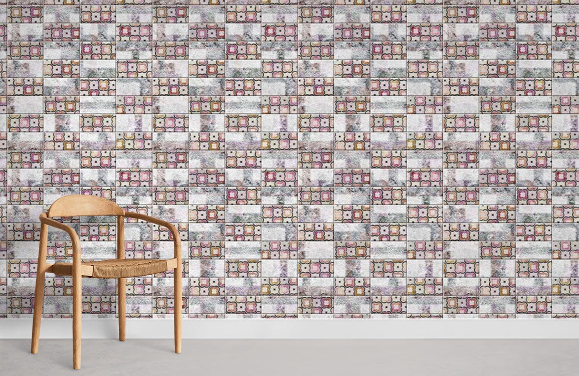 Vintage patchwork wallpaper with muted geometric design, wooden chair, minimalist grey flooring, modern room.