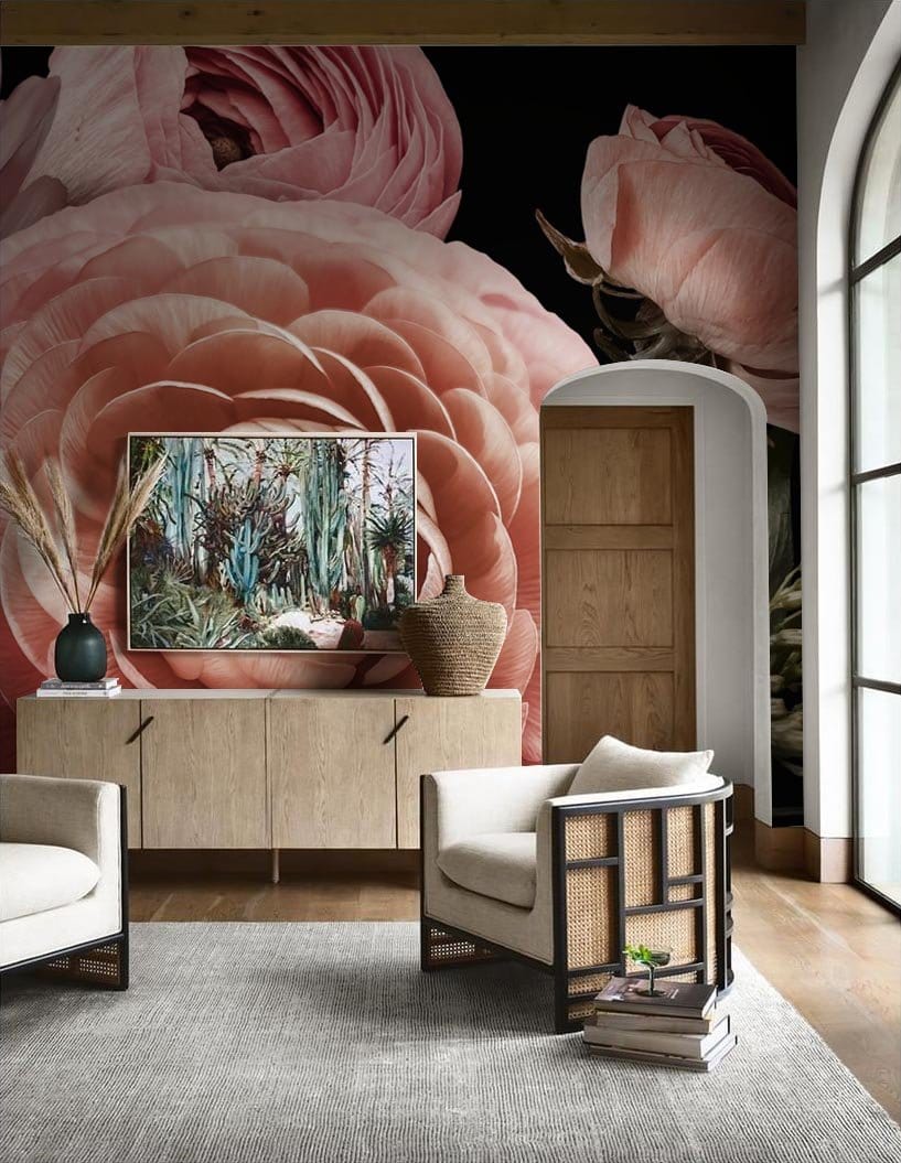 Elegant pink floral wallpaper in stylish living room with modern wooden furniture and neutral decor.