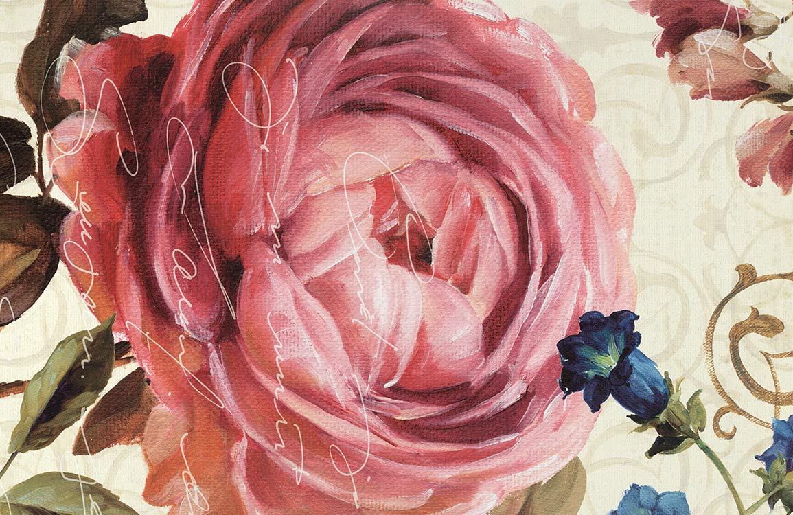 Vintage Floral Mural Wallpaper: Pink Roses and Script on Cream Canvas
