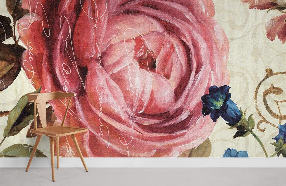 Vintage floral mural wallpaper with pink roses, script, and wooden chair in a modern living space.