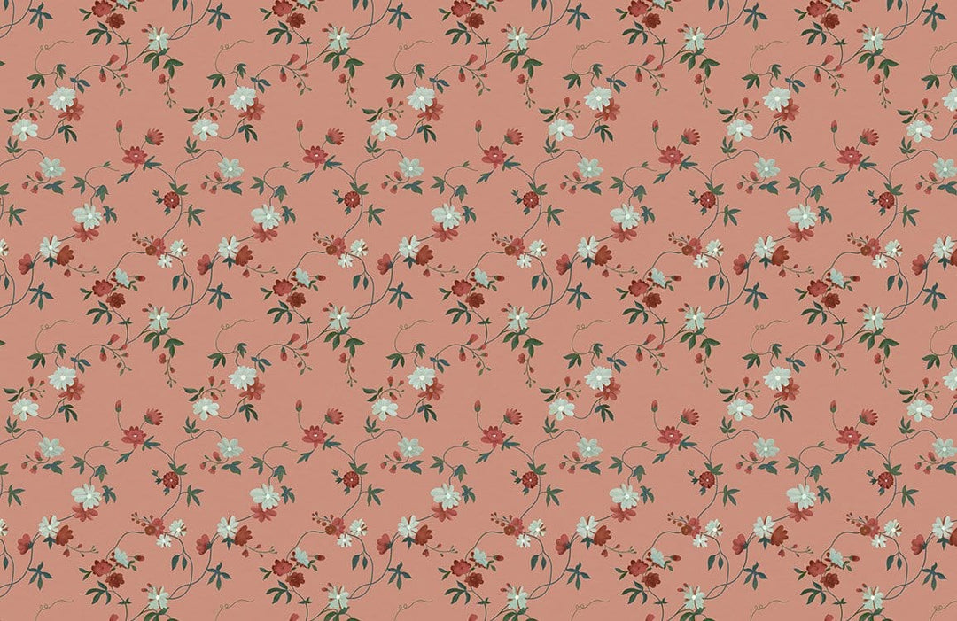 Vintage Floral Wallpaper in Coral Rose with Delicate Botanical Pattern