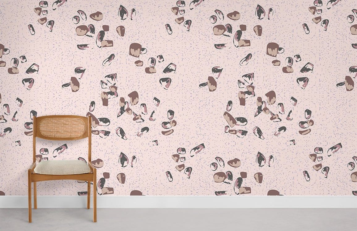 Scandinavian earthy-tones wallpaper in abstract pattern, featuring a wooden chair and light grey flooring.