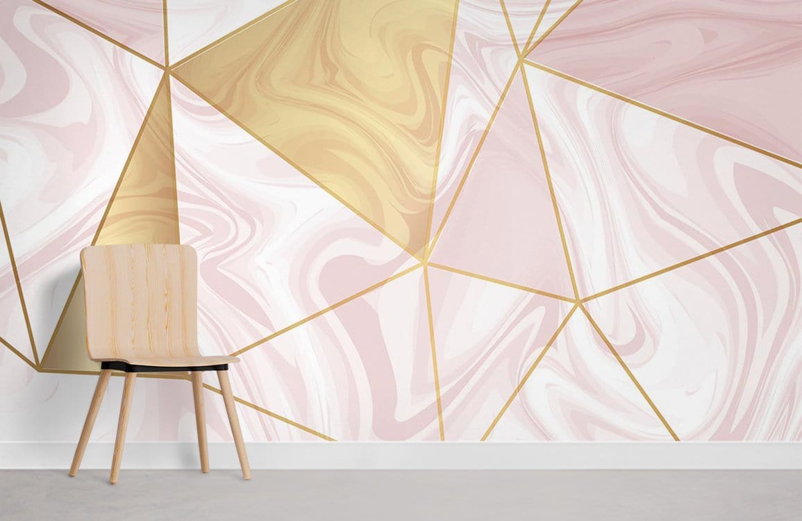 Geometric gold and pink marble Art Deco mural wallpaper with wooden chair, minimalistic grey floor.