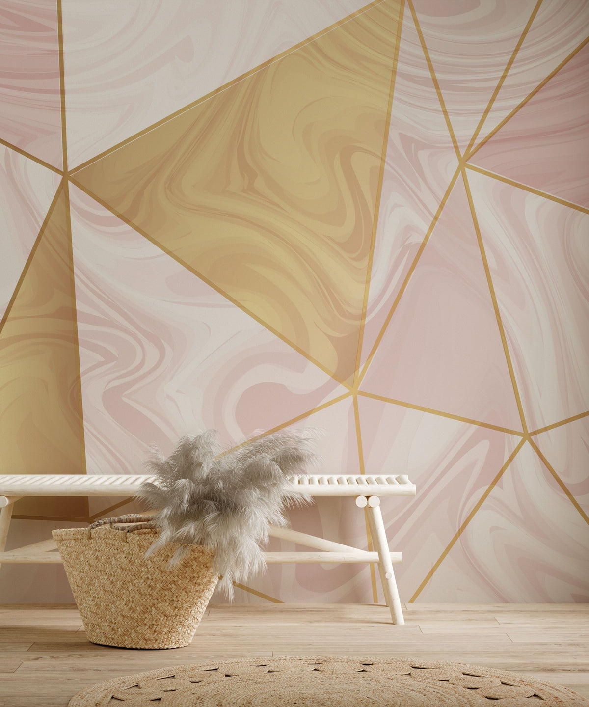 Geometric gold and pink wall mural wallpaper with modern bench, basket, and light wood flooring.