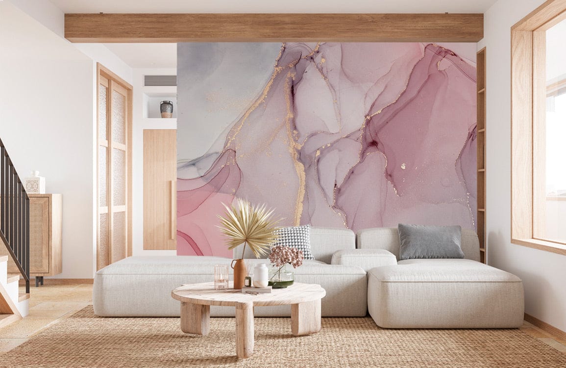 Elegant pink marble wallpaper with gold accents, modern beige sofa, wooden flooring, contemporary living room.